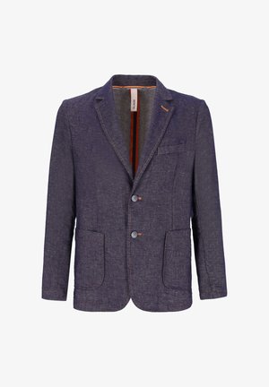 Blazer da uomo blu scuro con due bottoni anteriori, rever a lancia, due tasche a patta e taschino sul petto, realizzato in tessuto testurizzato.