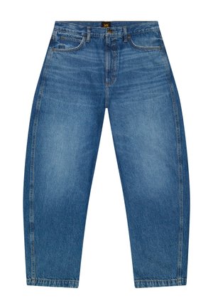 Μπλε τζιν παντελόνι με ψηλή μέση και φαρδιά πόδια, με μπροστινές τσέπες, θηλιές για ζώνη, κούμπωμα με κουμπί και ετικέτα της μάρκας Lee στη μέση.