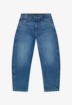 Modré široké džíny s vysokým pasem, předními kapsami, poutky na pásek, zapínáním na knoflík a štítkem značky Lee na pásku.