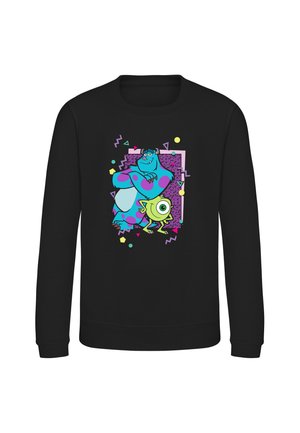 Sort langærmet sweatshirt med farverigt motiv af to tegneserie-monstre, en stor blå med lilla pletter og en lille grøn med ét øje.