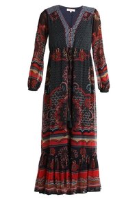 Lång, mönstrad klänning i mörkblått, rött och beige. Utsmyckad med blommiga och geometriska mönster, V-ringning och volangkant.