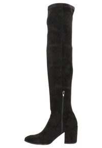 Bottes en suède noir au-dessus du genou avec un talon bloc, dotées d'une fermeture éclair sur le côté et d'une texture lisse. Design simple et allongé sans motifs.