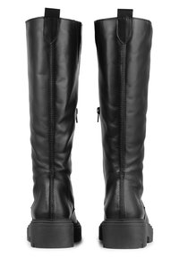 Botas de cuero negro hasta la rodilla con un acabado liso, suelas planas y cremalleras laterales visibles. Presentan costuras reforzadas y asas de tirón.