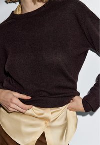Maglione di lana marrone con collo rotondo e orlo a coste, indossato sopra una camicia di satin beige con chiusura a bottoni. Contrasti di texture sottili.