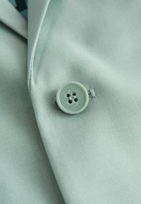 Hellgrüner Satinstoff mit einem großen, runden Plastikknopf, der den eingeprägten Text "BAKER" trägt. Der Knopf hat vier Löcher und eine glatte Oberfläche.