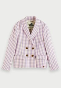 Blazer croisé en vichy lavande et blanc avec boutons marron, revers à crans et poches à rabat par Scotch & Soda.
