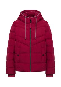 Rød pufferjakke med hætte, som har lynlås lukning, to frontlommer og ribbede manchetter. Stoffet ser glat ud med et quiltet design.