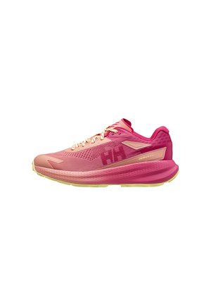Zapatilla ligera para correr en tonos rosa y durazno con suela gruesa y logo "HH" en la parte superior de malla, vista desde un lado.