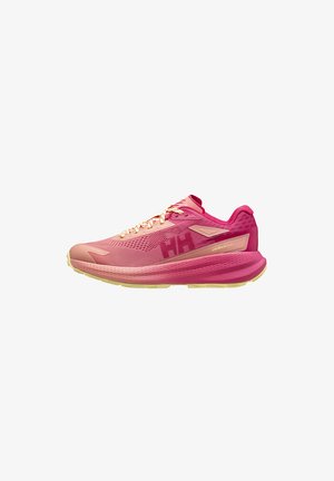 Zapatilla ligera para correr en tonos rosa y durazno con suela gruesa y logo "HH" en la parte superior de malla, vista desde un lado.