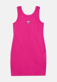 Εφαρμοστό, αμάνικο φόρεμα σε έντονο ροζ βαμβάκι, με τρίγωνο λογότυπο στο στήθος. Ομαλή υφή, μήκος μέχρι το γόνατο.