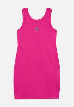 Vartalonmyötäinen, hihaton mekko kirkkaassa pinkissä puuvillassa, jossa rintakehässä kolmiomainen logokoriste. Sileä pinta, polvenpituinen leikkaus.