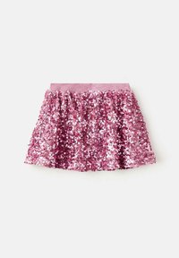 Fustă roz cu paiete, cu design adunat, având o talie elastică și paiete lucioase și reflectorizante care acoperă întreaga țesătură.