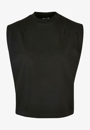 Juodas beilankis medvilnės topas su aukštu kaklu, struktūruotomis petnešomis ir laisvu siluetu, švariu apvadu ir be matomų raštų.