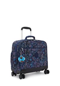 Valigia a rotelle blu con motivi marini colorati, ruote doppie, manico allungabile, tasca frontale e un portachiavi in peluche blu attaccato.