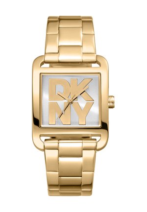 Gold-tone rectangular watch with a chunky link band. Silver dial features large embossed "DKNY" lettering and a minimalist hour hand.