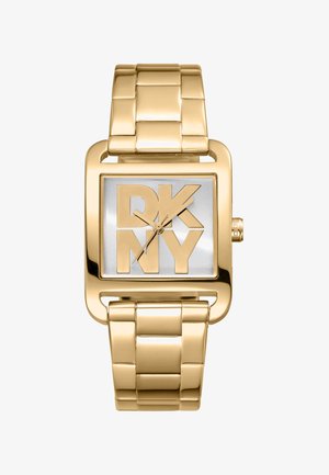 Gold-tone rectangular watch with a chunky link band. Silver dial features large embossed "DKNY" lettering and a minimalist hour hand.