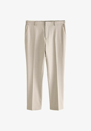 Pantaloni beige su misura con una texture liscia, vestibilità dritta e tasche laterali. Presentano passanti per la cintura e nessun motivo o accentuazione visibile.