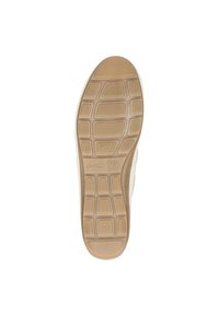 Sohle eines Schuhs mit strukturiertem Gummi-Material, hellbrauner Farbe, rechteckigen Mustern und dem Abdruck „ara High Soft.“