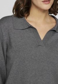 Halli hallitatud kootud pullover, millel on kraega kaelus ja V-kujuline lõik. Sujuv tekstuur, keskmise kaaluga kangas, juhuslik lõige, pikkade varrukatega.