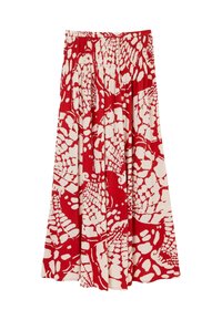 Maxi-Rock mit rot-weiße Musterung, gekräuseltem Taillenbund und plissiertem Design, aus leichtem Stoff, ideal für warmes Wetter.
