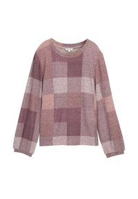 Maglione leggero a maniche lunghe in tonalità di malva e rosa con un motivo a quadri. Presenta un colletto rotondo e una vestibilità comoda.