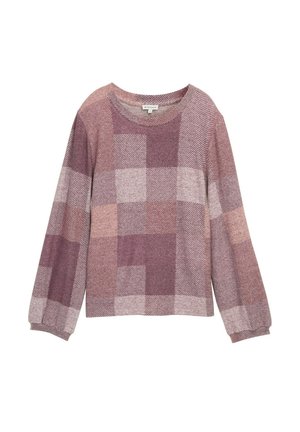 Lehký svetr s dlouhými rukávy v odstínech mauve a růžové s kostkovaným vzorem. Má kulatý výstřih a volný střih.