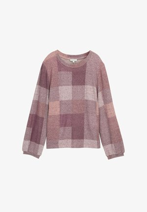 Könnyű, hosszú ujjú pulóver mauve és rózsaszín árnyalatokban, kockás mintával. Kerek nyakkivágású és laza fazonú.