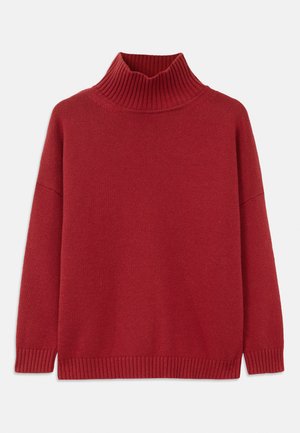 Pull à col roulé en tricot rouge, avec un col et des poignets côtelés, coupe décontractée et texture lisse. Design classique pour la chaleur.