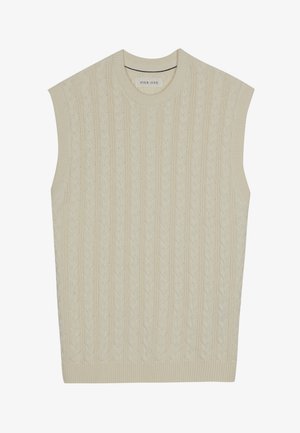 Maglione senza maniche beige lavorato a maglia con motivo a treccia. Presenta un colletto a girocollo a coste e un orlo a coste. Texture morbida e design leggero.