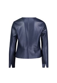 Marineblaue Lederjacke mit tailliertem Design, langen Ärmeln und nahtlosem Rücken. Hat elegante Linien und eine glatte Textur.