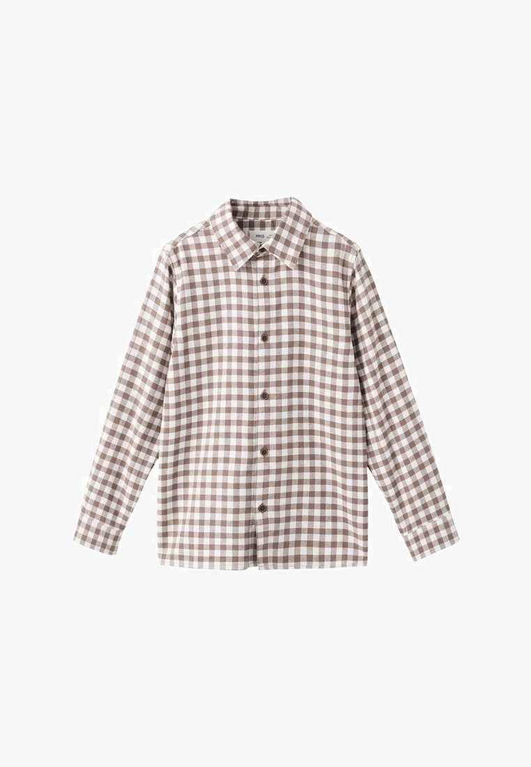 Camicia a quadri marrone e bianca con colletto, maniche lunghe, chiusura frontale con bottoni e vestibilità comoda. Tessuto in cotone con una texture liscia.