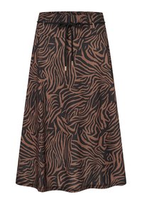 Braune Zebra-Muster-Rock aus weichem Stoff, mit einem Kordelzug am Bund und einer lockeren A-Linien-Silhouette. Glatte Textur und mittellanges Design.