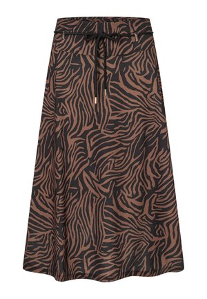 Brown zebra print skirt made from soft fabric, featuring a drawstring waist and a relaxed A-line silhouette. Smooth texture and mid-length design.
