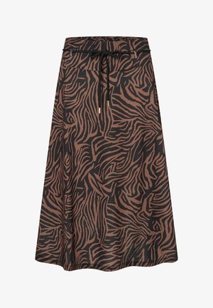 Braune Zebra-Muster-Rock aus weichem Stoff, mit einem Kordelzug am Bund und einer lockeren A-Linien-Silhouette. Glatte Textur und mittellanges Design.