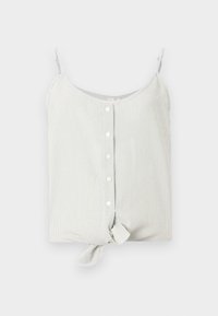 Zielony i biały, prążkowany, bezrękawnik crop top z guziczkami z przodu i wiązaniem na dole. Miękka tkanina o luźnym kroju.