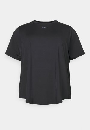Camiseta deportiva negra de manga corta Nike con cuello redondo y pequeño logo gris de Nike swoosh centrado debajo del cuello.