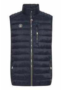Navy blue padded gilet with a high collar, front zip, two zippered pockets, and a circular logo on the left chest. Smooth texture.