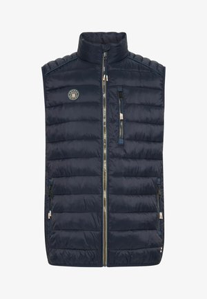 Navy blue padded gilet with a high collar, front zip, two zippered pockets, and a circular logo on the left chest. Smooth texture.