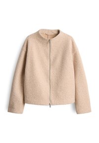 Giacca beige in misto lana con scollatura rotonda, chiusura frontale con zip e maniche scese. Finitura morbida e strutturata, lunghezza corta.