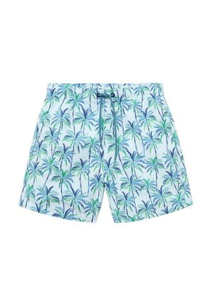 Zwemshorts met een lichtblauwe achtergrond en een levendig patroon van groene en blauwe palmbomen, elastische tailleband en verstelbaar koord.