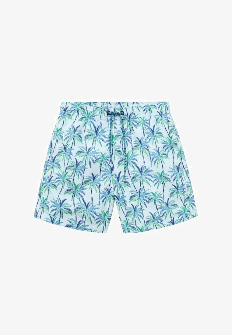 Swim shorts featuring a light blue background with a vibrant green and blue palm tree pattern, elastic waistband, and adjustable drawstring.