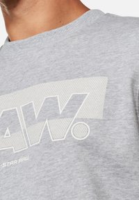 Sudadera gris con un logo texturizado que presenta el texto "RAW." en blanco. El escote es acanalado y la tela tiene una textura suave y lisa.