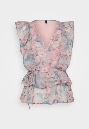 Blomstrende omslagstopp i transparent stoff med rosa, blå og grå nyanser, pufferm, dyp V-hals, og en knytning i midjen med volangkant.