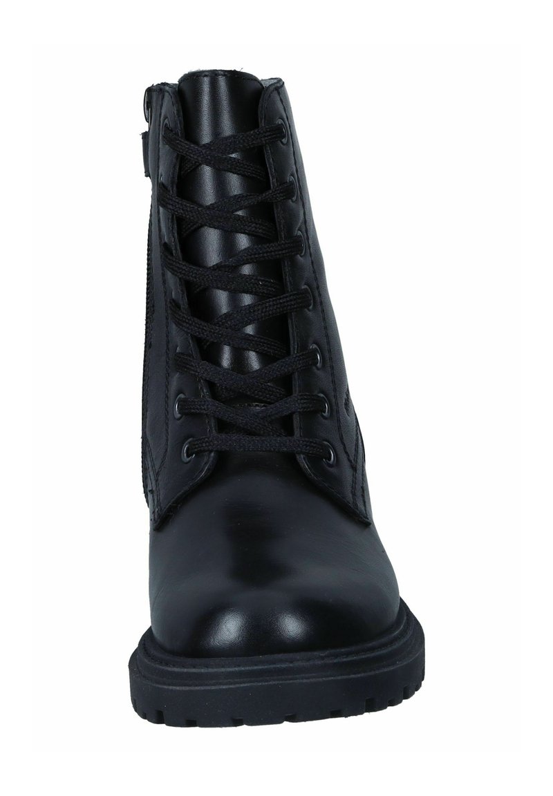 Schwarze Leder-Ankle-Boots mit runder Zehenform, Schnürung vorne und gepolsterter Lasche. Sie verfügen über eine robuste Sohle und eine Naht an den Seiten.