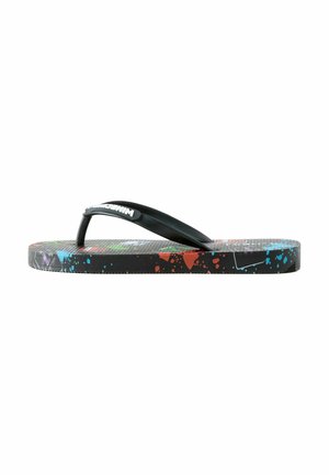 Black flip-flop sandal with colorful splatter pattern on sole and black thong strap featuring white logo on top.