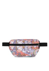 Bumbag z měkké, lehké tkaniny s živým pastelovým vzorem a hravými motivy, zapínání na zip a černým nastavitelným popruhem.