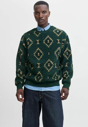 Groene fleece trui met diamant- en zigzagpatronen in beige, geribbelde manchetten en zoom, gedragen over een lichtblauw overhemd met kraag, gecombineerd met donkere jeans.