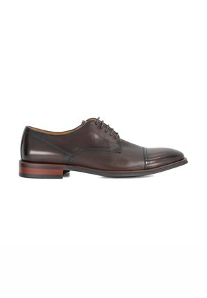 Brown leather dress shoe with a smooth finish, punctuated by a textured panel, rounded toe, and a stacked heel featuring wood accents.
