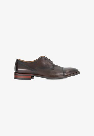 Brown leather dress shoe with a smooth finish, punctuated by a textured panel, rounded toe, and a stacked heel featuring wood accents.