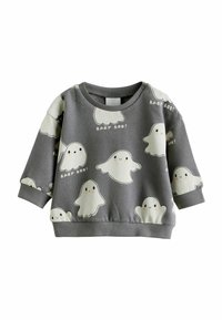 Sweatshirt gris à manches longues, présentant un motif de fantôme et le texte "BABY BOO !". Fabriqué en tissu doux avec des poignets et un ourlet côtelés.